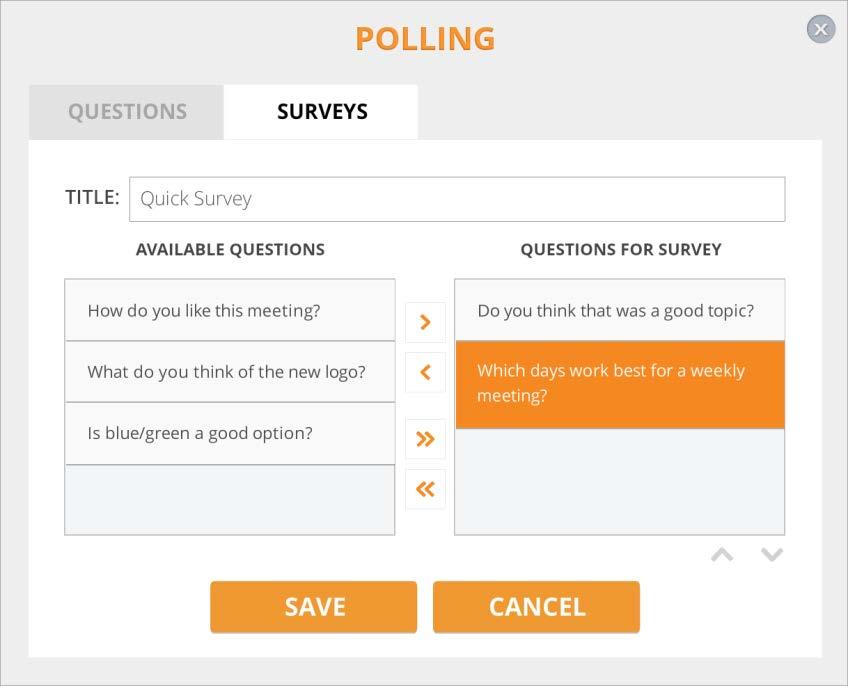 Use the up and down arrows to the bottom of the AVAILABLE QUESTIONS list to set the order of the questions in the survey. Then, tap SAVE.