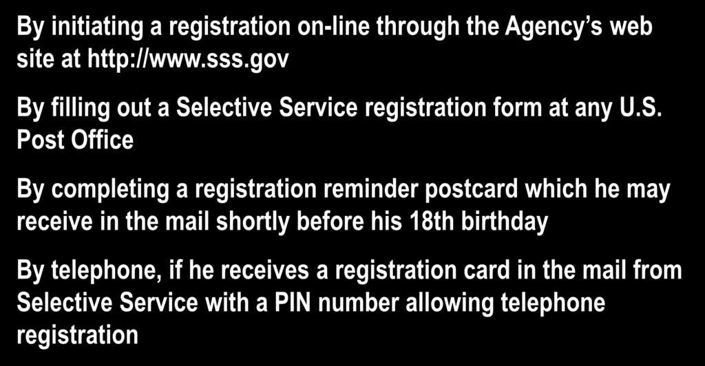 THE LAW The ways a man can register By initiating a registration on-line through the Agency s web site at http://www.sss.gov By filling out a Se