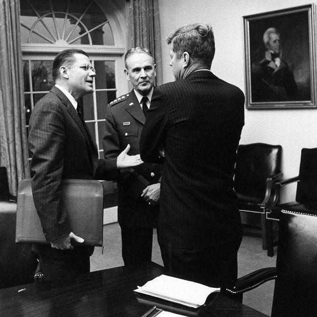On April 4, Kennedy gives Defense Secretary Robert McNamara John Kenneth Galbraith s report recommending