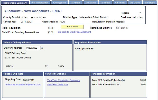 New Adoptions The requisition screen has a tab for grades Pre-k through eighth and tabs for each subject
