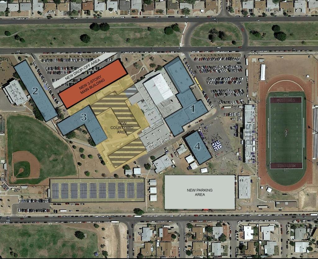 Burges High School New: 119,726 GSF Reno: 80,982 GSF Demo: 86,980 GSF Campus