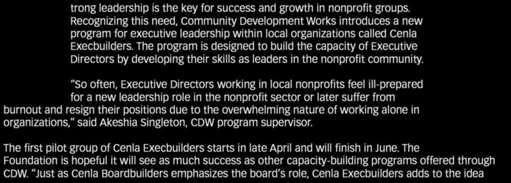 Recognizing this need, Community Development Works introduces a new program for executive