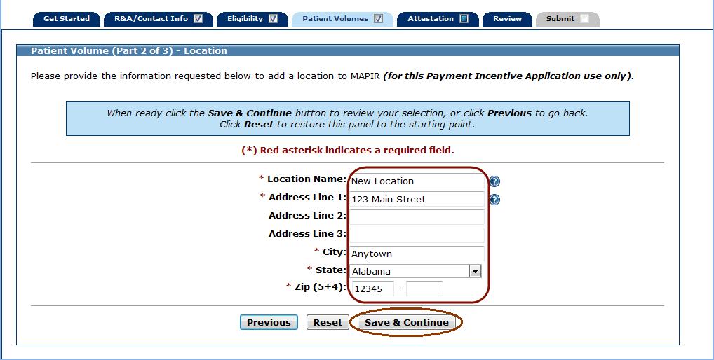 Patient Volume (Part 2 of 3) Location MAPIR User Guide for Eligible Hospitals Enter the requested information for your new location.
