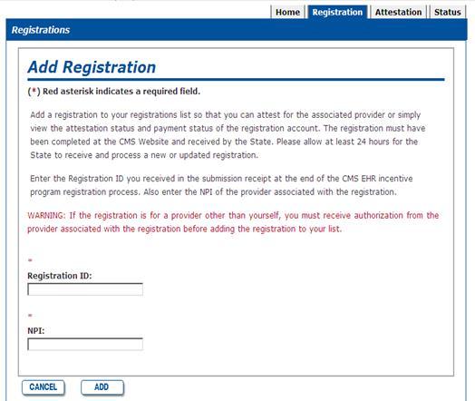 The Registration Home Page lists all registrations that you have added. If you have not added any, the Registration Selection section will display No records to display as shown in the figure below.