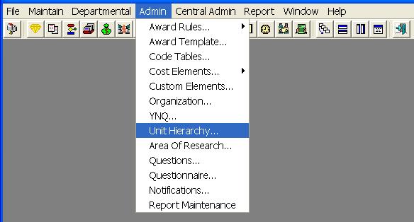 Unit Hierarchy Search Overview of Search in the Unit Hierarchy To run ORIS Reports using the Units Hierarchy the User must first open the Coeus Unit Hierarchy screen: Select: Admin>Unit Hierarchy,