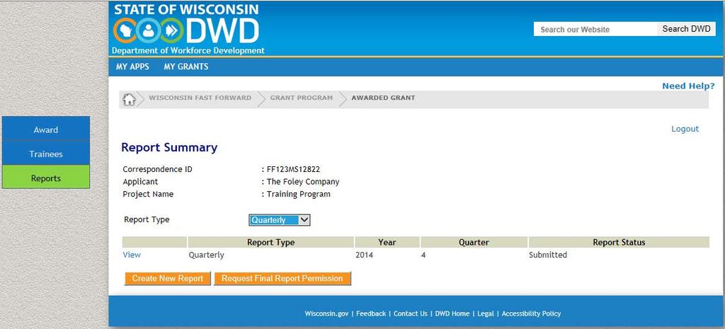 Click on the Report Type, select Quarterly from the dropdown and click on Create New Report.