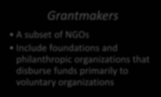 Grantmakers A subset of NGOs Include foundations and