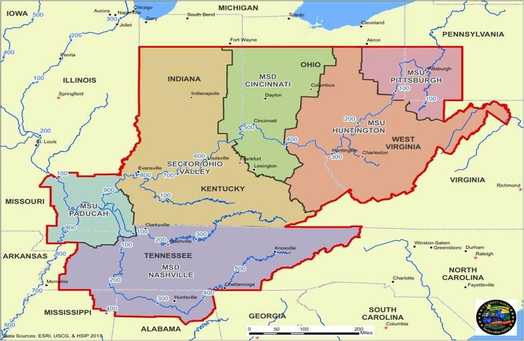AREA OF RESPONSIBILITY Above: Sector Ohio Valley Area of Responsibility. Coast Guard Sector Ohio Valley encompasses all or parts of 10 states.