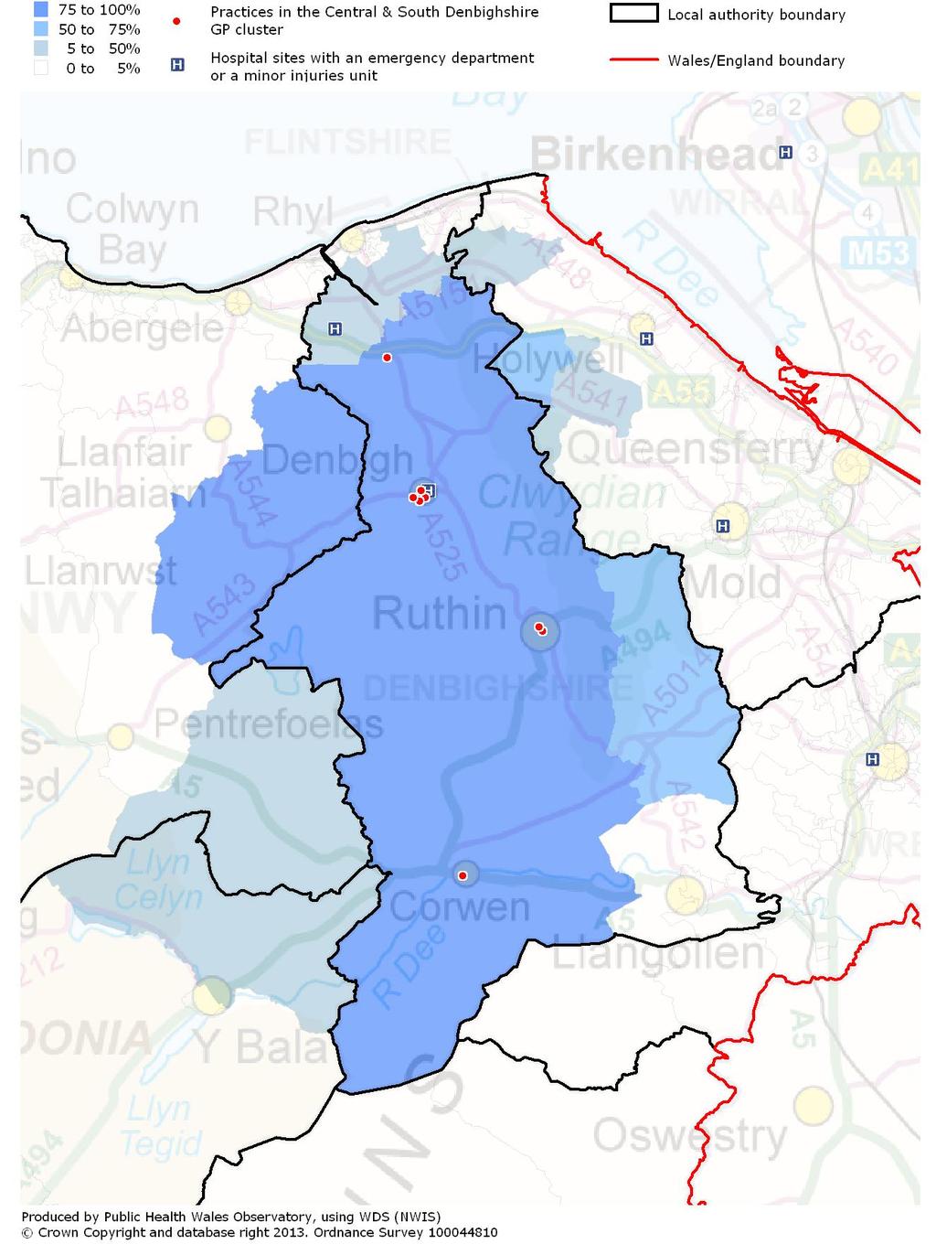 6.3 Central & South Denbighshire Geographical reach map Figure 16: Percentage of population registered with practices