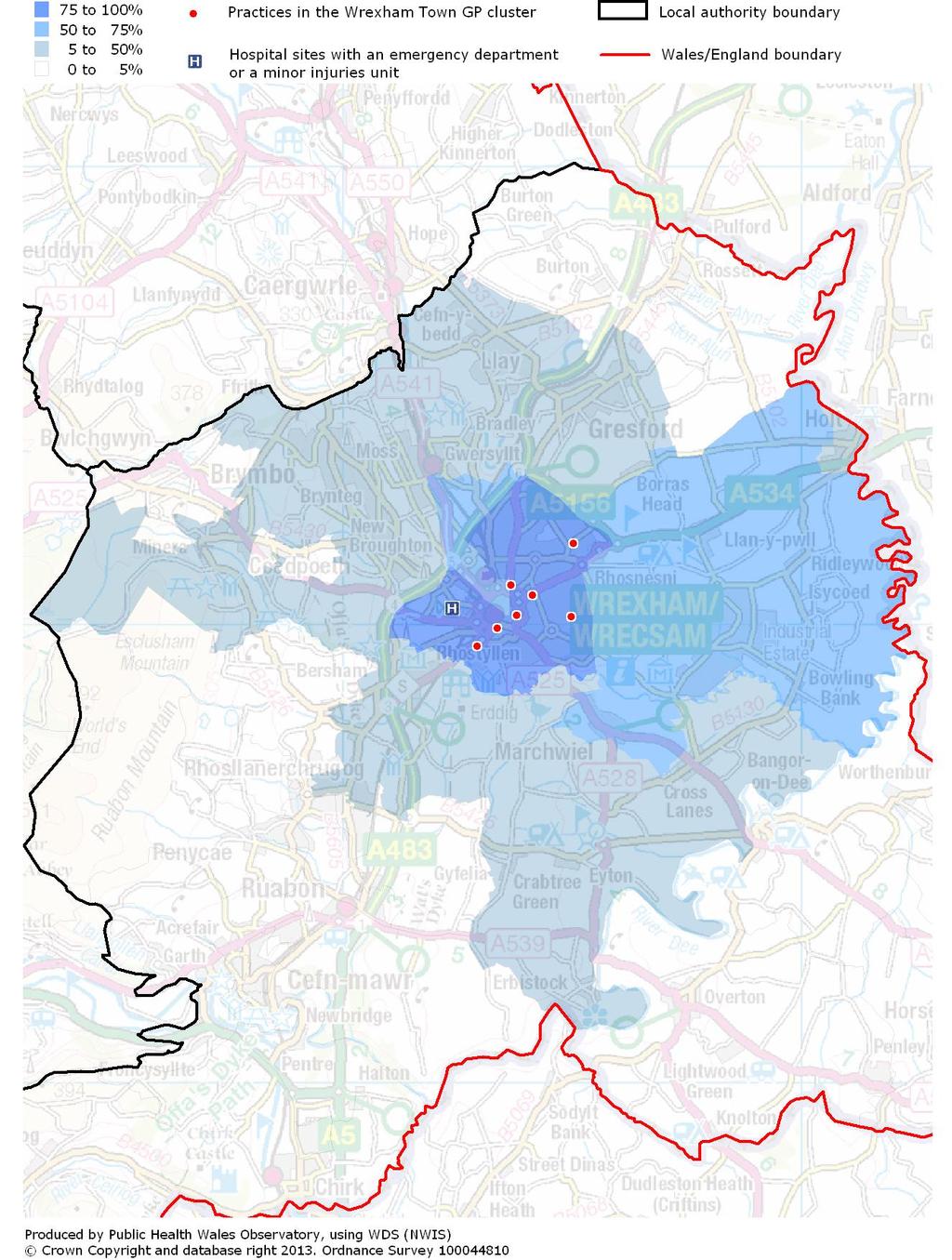 6.14 Wrexham Town Geographical reach map Figure 71: Percentage of population registered with practices