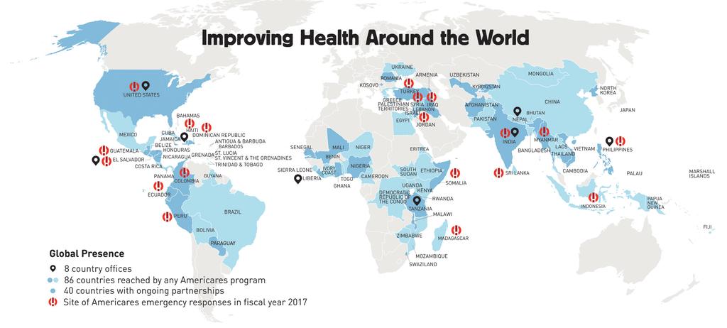 Emergencies in 19 countries in Fiscal Year 2017 Global Health Programs Impact by Region Earthquake: Ecuador, Indonesia Severe Storms and Flooding: Dominican Republic, Haiti, India, Myanmar, Peru,