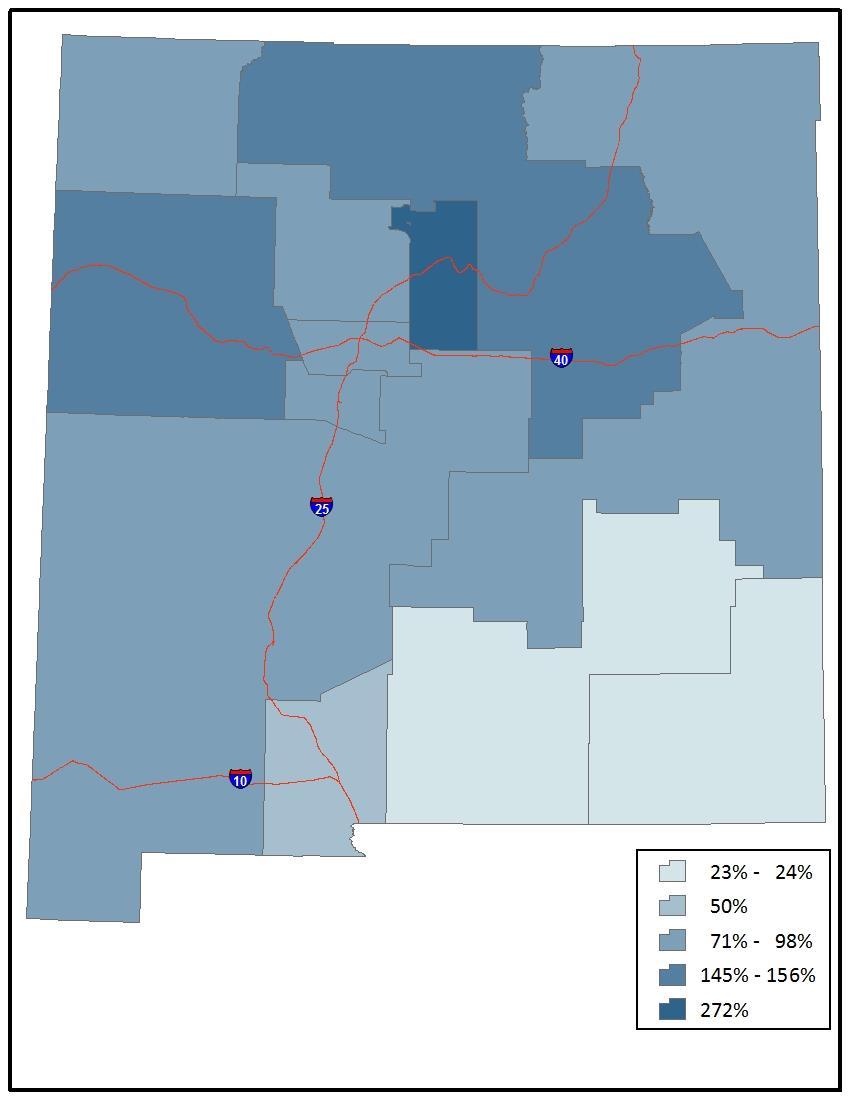 The third region with a large A&C cluster is north central New Mexico (LQ=132%), which includes Rio Arriba, Taos, Mora, San Miguel and Guadalupe counties.
