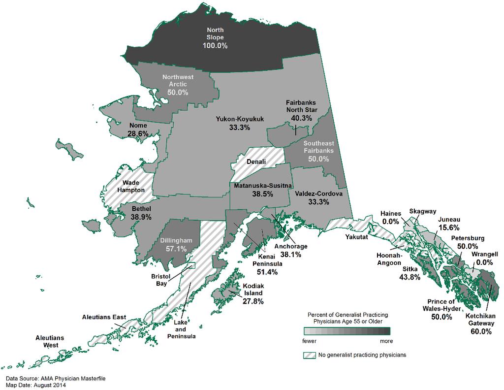 Physician Supply in WWAMI States Alaska Generalists per 100,000 by county % of