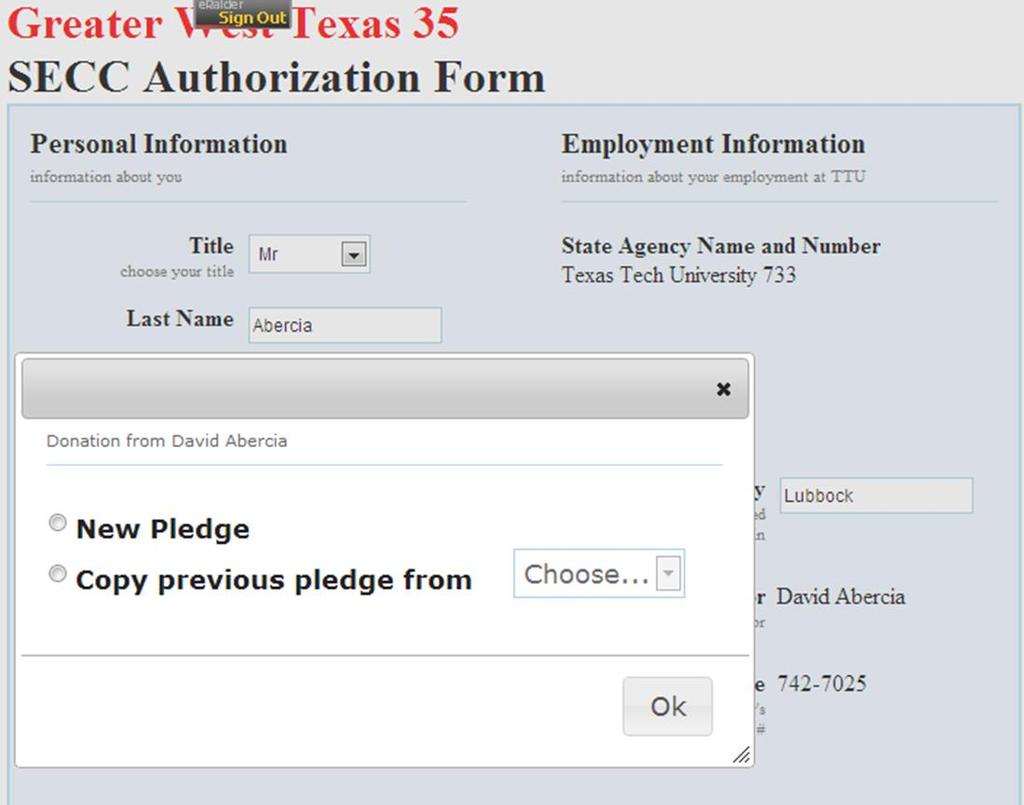 Individual Pledge Form Upon eraider authentication, this is the first section of the pledge form that a donor will see.