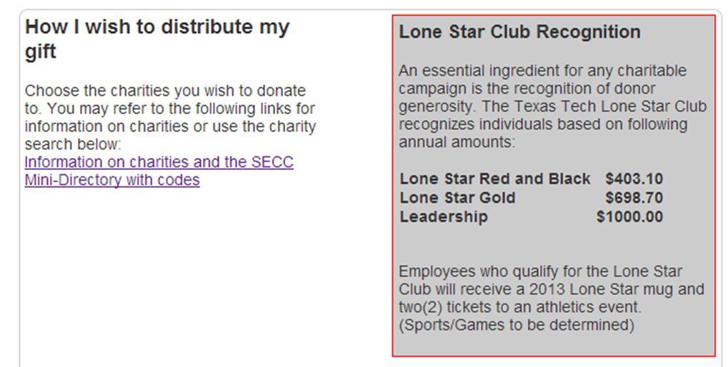 Designations and Lone Star Club In this third section of the pledge form, the donor will designate the charities that should receive their donation.