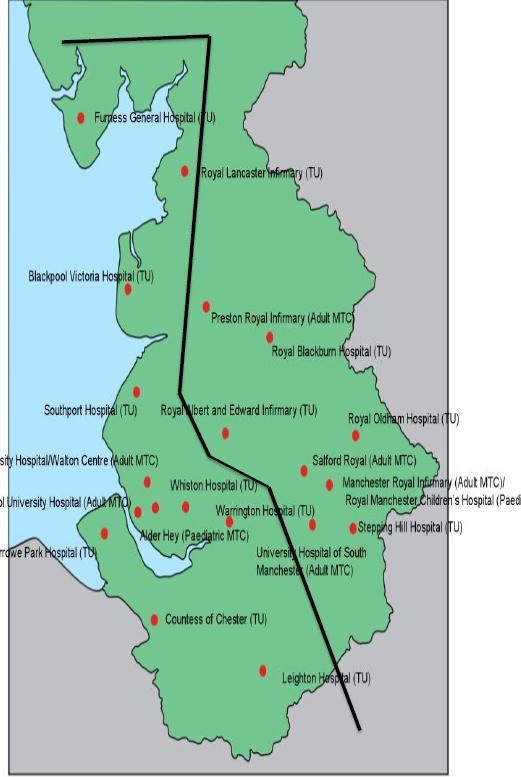 Figure 1: Map of ChMTCs and Trauma Units in North West England Local Emergency Hospitals 4.