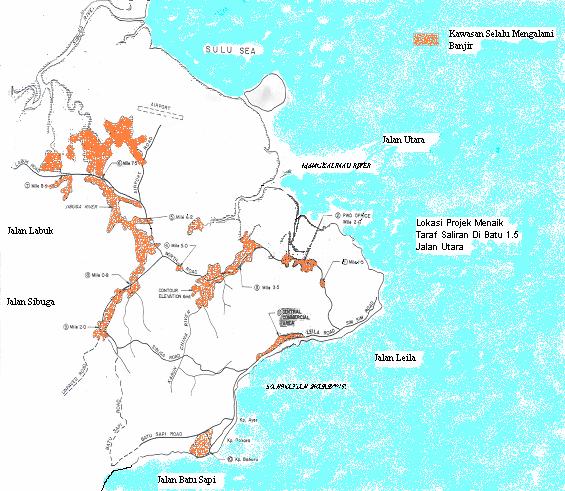 Peta 3 Peta Menunjukkan Kawasan Yang Terdedah Kepada Masalah Banjir Di Sekitar Bandar Sandakan Kawasan Terdedah Kepada Masalah Banjir SANDAKAN HARBOUR Sumber: Rekod Jabatan Pengairan Dan Saliran