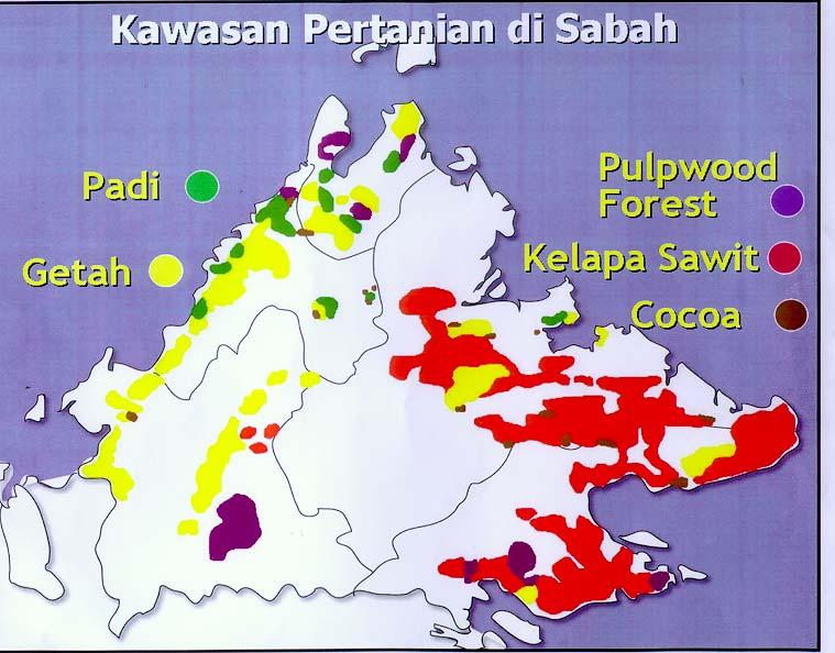 Peta 1 Taburan Kawasan Pertanian Di Sabah Kunci Penunjuk : Lakaran Warna Kuning Kawasan Tanaman Getah Sumber :Fail Peta Lembaga 7.