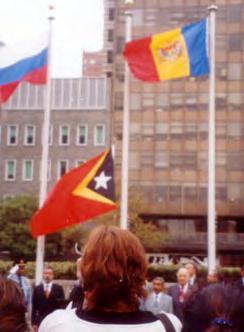 TIMOR LESTE: A NEW NATION IS BORN Flag raising outside UN headquarters in New York as East Timor becomes 191