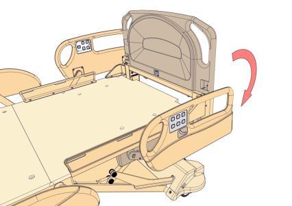The head siderail will first arc towards the head end of the bed then back towards the foot end of the bed as it rotates to the DOWN position.