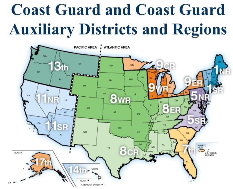 National Structure For National administration, the Auxiliary is divided into the following three geographic areas: Atlantic (East) Districts 1 N/S, 5 N/S, and 7 Atlantic (West)