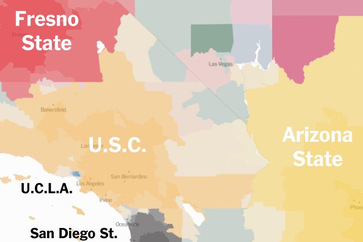 The Love in Los Angeles In by far the largest American city without an N.F.L. franchise, U.C.L.A. has an embarrassingly small presence, winning just a few ZIP codes (including, yes, 90210) in and around its Westwood campus.
