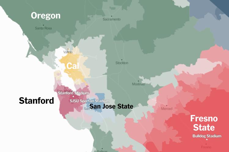 Oregon dominates much of Northern California, but loyalty shifts to local teams around the Bay Area.