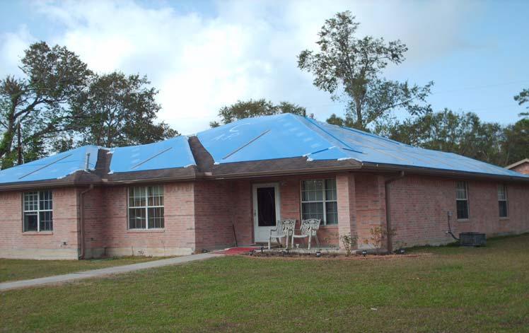 USACE provides technical assistance to State and local governments and directs Federal assistance in managing and contracting for the installation of blue plastic sheeting on roofs of damaged homes