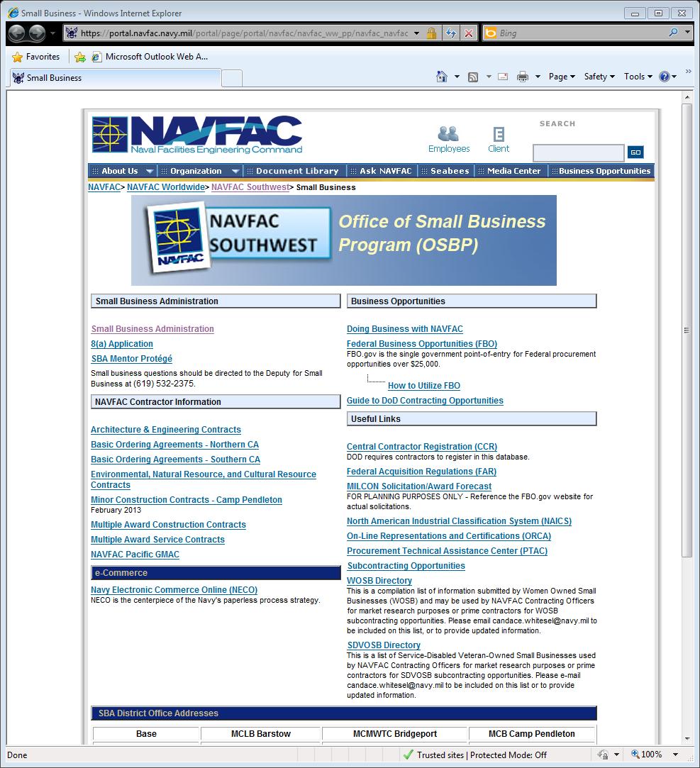 Tons of useful information including : How to do business with NAVFAC List of Prime