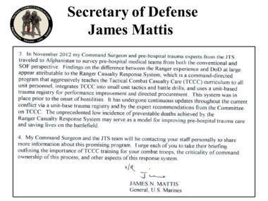 TCCC for All Combatants 1708 Introduction to TCCC Instructor Guide 11 31. Secretary of Defense James Mattis. and supported its adoption. Summary of Key Points 32.