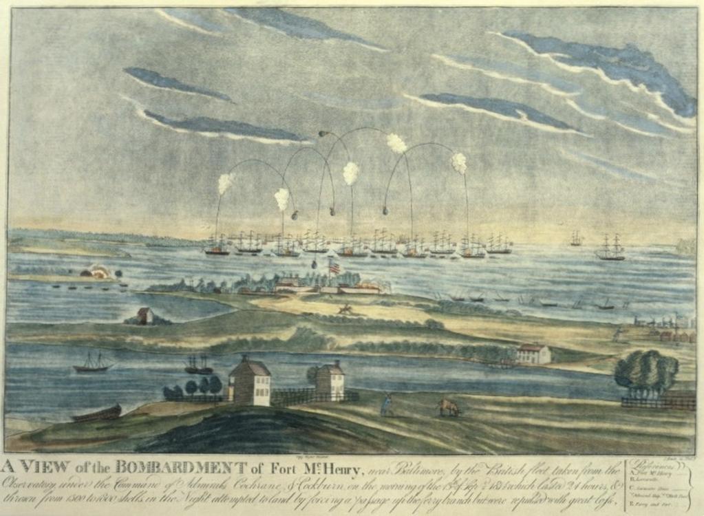 the battle at Fort McHenry, September, 1814, where Francis Scott Key was inspired to write "The Star Spangled Banner.