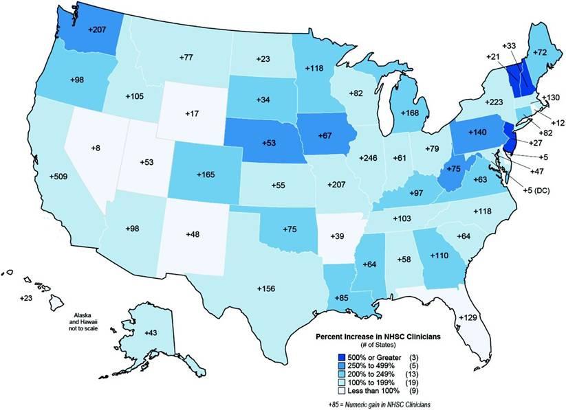 Figure 2. Map of percentage and numerical growth in National Health Service Corps' (NHSC) clinicians in each U.S. state during the American Recovery and Reinvestment Act funding period, March 2009 through February 2011.