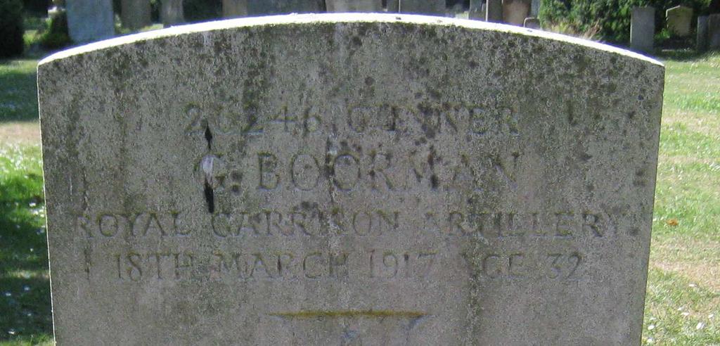 BOORMAN, GEORGE. Gunner, 26246. 64th Company, Royal Garrison Artillery. Died Sunday 18 March 1917. Aged 32. Born Lenham, Maidstone, Kent.