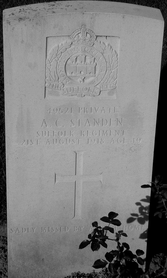 STANDEN, ARTHUR CYRIL. Private, 49521. 11th (Service) Battalion, Suffolk Regiment, (Cambridgeshire). Died Wednesday 21 August 1918. Aged 19. Born New Romney, Kent. Enlisted Canterbury, Kent.