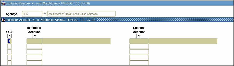 Section B: Set Up Creating and Cross-referencing Sponsors' Account Codes (Continued) SCT Banner form The Institution/Sponsor Account Maintenance Form (FRVISAC) Follow these steps to complete the