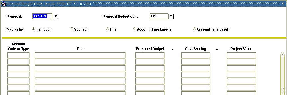 Querying a Proposal (Continued) SCT Banner form Follow these steps to perform an online query of summarized budget data by Institution, Sponsor, Title or Account Type levels for each proposal budget