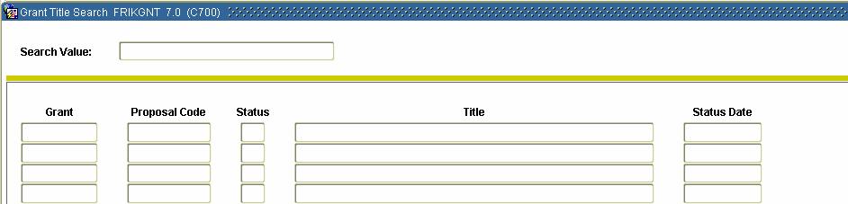 Querying a Grant (Continued) SCT Banner form Follow these steps to search for a grant by the words and/or characters in the grant s long and short titles with the use of wildcards.