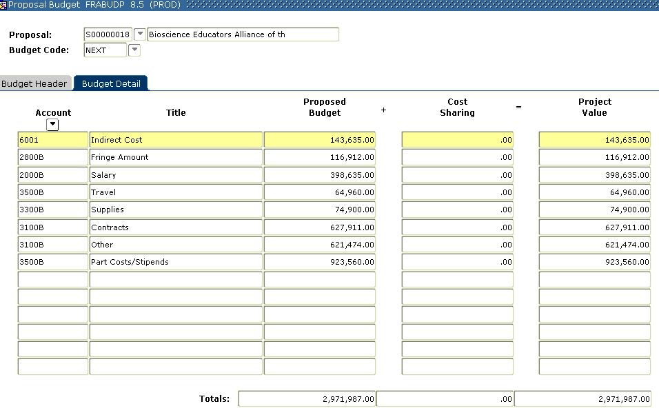 6 Next Block [Ctrl>PgDn] to the Budget Detail tab. Budget and Cost Share amounts by account code are displayed.
