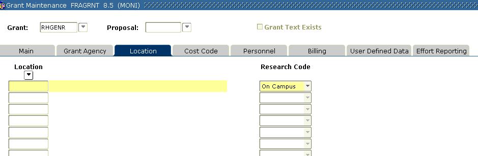 4 Next Block [Ctrl>PgDn] and the Grant Agency tab is displayed. Agency: The organization that sponsored the grant. Contact: Agency contact for the grant.