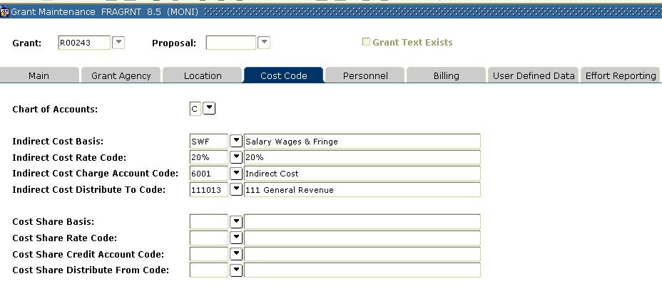 6 Next Block [Ctrl>PgDn] and the Cost Code tab is displayed. This form indicates the indirect cost rate & basis and cost share rate & basis, if applicable.
