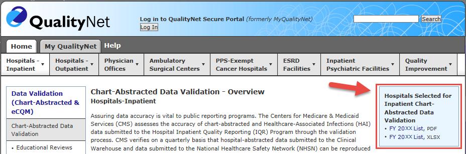 Selected Provider List A list of the selected hospitals is available on QualityNet by hovering over the Hospitals - Inpatient drop-down and selecting the [Data Validation (Chart- Abstracted & ecqm)]