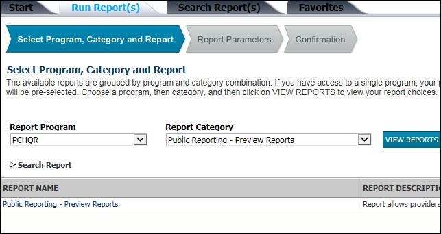 Select Public Reporting Preview Reports from the list in the Report Category drop-down. The Report Name is populated with the selection.