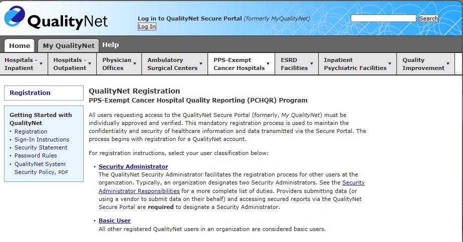 The QualityNet Registration screen appears. The QualityNet Registration: PCHQR Program Screen 3.