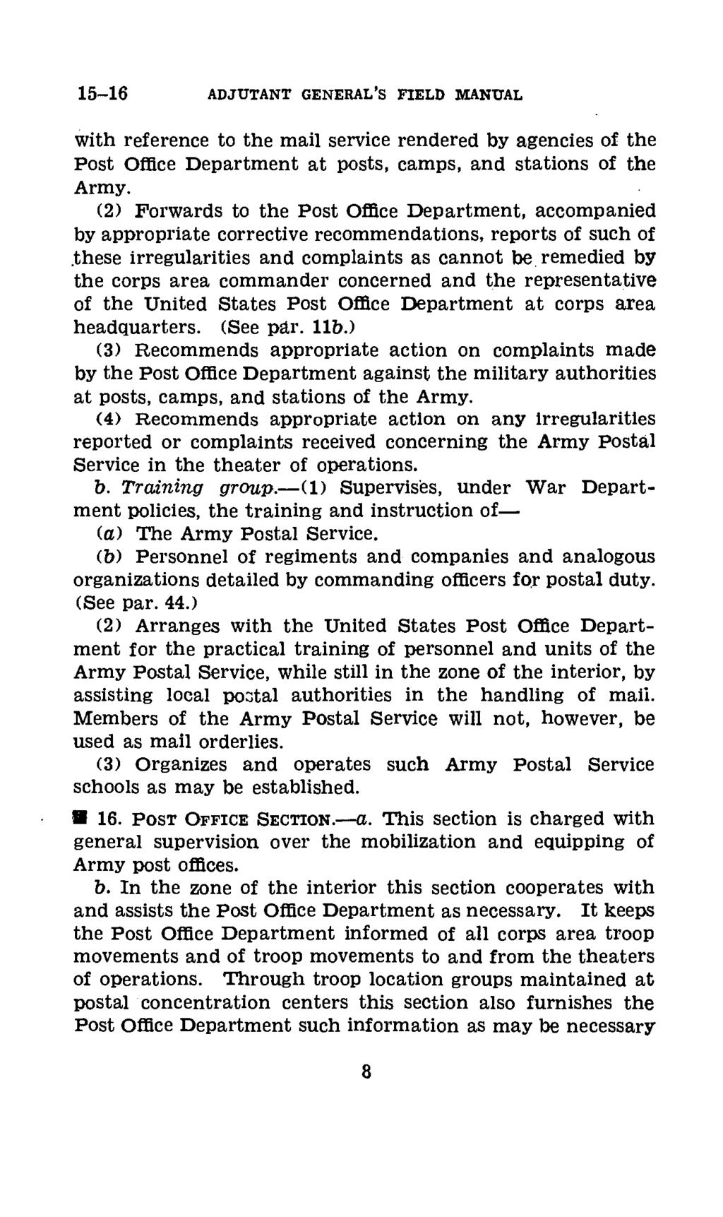 15-16 ADJUTANT GENERAL'S FIELD MANUAL with reference to the mail service rendered by agencies of the Post Office Department at posts, camps, and stations of the Army.