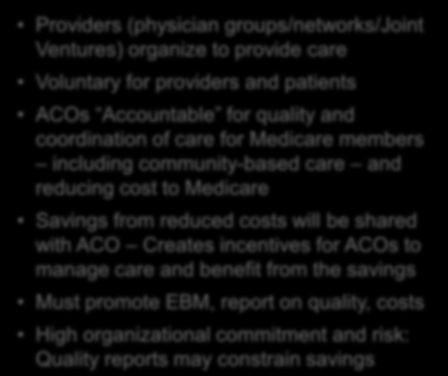 thresholds Basis for ACO quality standards as well as independent provision Hospitals, office-based physician