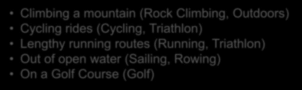 rides (Cycling, Triathlon) Lengthy running routes (Running,