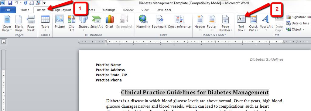 The diabetes template is a Microsoft Word document, and the instructions below can also be applied