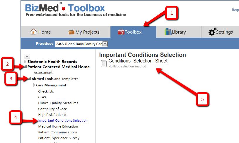 Unit 4: Instructions Locating the Important Conditions Selection Sheet To access this document, log into your BizMed Toolbox account and navigate to the Toolbox tab On the left navigation panel click