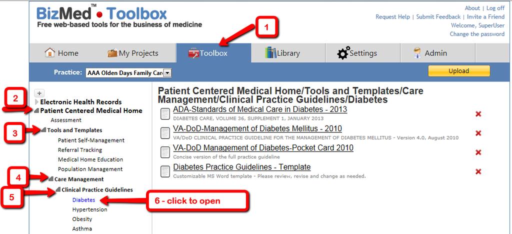 Reviewing Clinical Guidelines in BizMed Log into your BizMed Toolbox account and navigate to the Toolbox tab On the left navigation panel click on the small grey triangles to the left of each folder