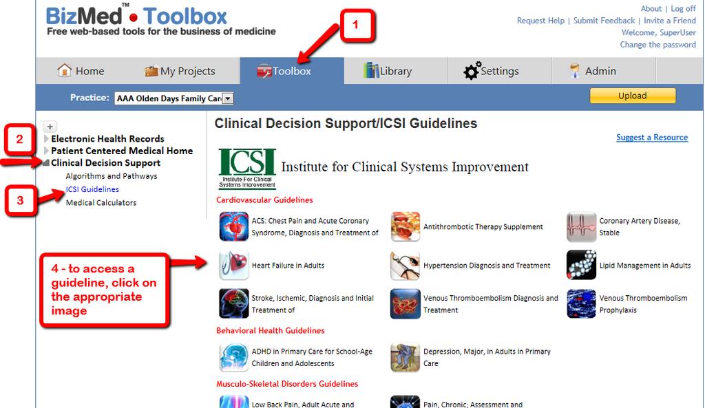 Accessing ICSI Guidelines The BizMed Toolbox contains up to date guidelines for a variety of conditions from the Institute for Clinical Systems Improvement (ICSI).